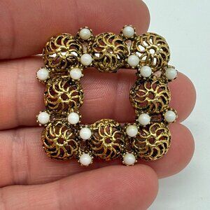 Vintage Square Gold Tone Filigree Brooch Pin Faux Mini Pearls
